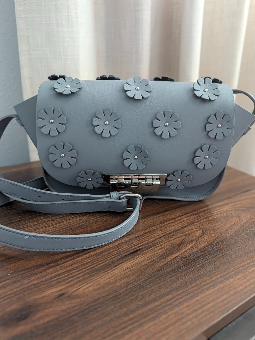 ZAC POSEN Eartha Flower Accents Leather Crossbody Bag in Grey
